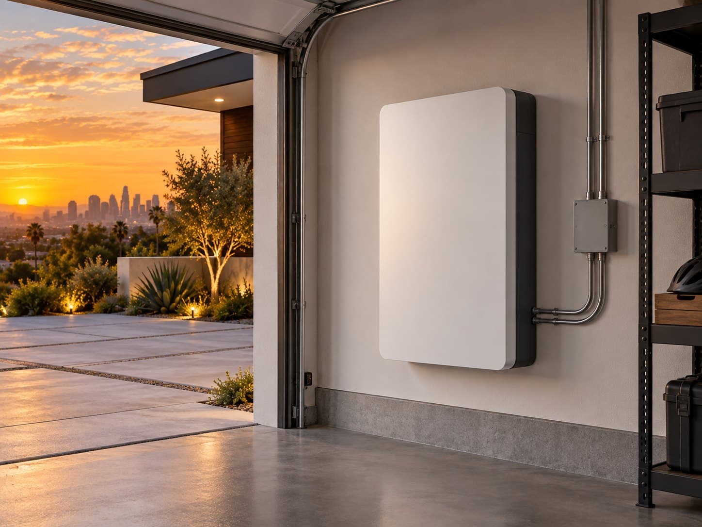 Home battery on a garage wall